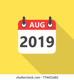 August 2019 calendar flat style icon with long shadow.