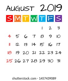 august 2019 calendar, kids style vector illustration, first sunday