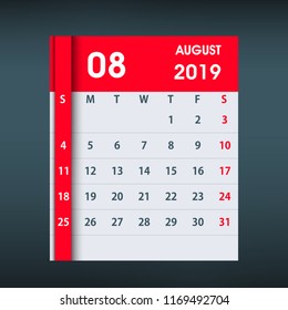 August 2019 Calendar Leaf. Flat design. Monthly calendar design template. Week starts on Sunday. Business vector illustration.