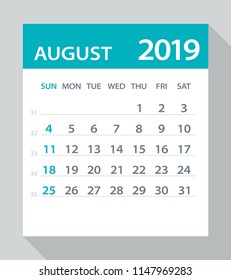 August 2019 Calendar Leaf - Illustration. Vector graphic page