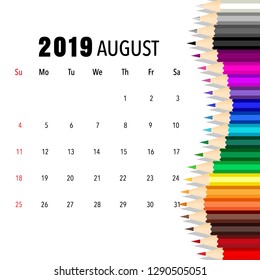 August 2019 calendar page. Vector illustration.