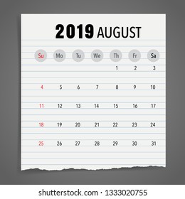 August 2019 calendar page. Vector illustration.