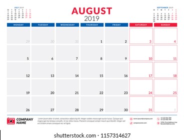 August 2019. Calendar planner stationery design template. Vector illustration. Week starts on Monday