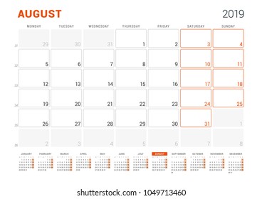 August 2019. Calendar planner for 2019 year. Vector design print template. Week sarts on Monday