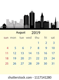August 2019 calendar of the United States with the Cleveland city skyline