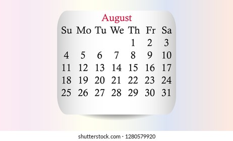 August 2019. Calendar 2019 vector design. Date on the curved stickers on the pastel background
