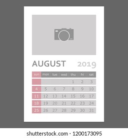 August 2019 calendar. Week starts sunday.  Layers grouped for easy editing illustration. For your design.