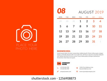 August 2019. Desk calendar design template with place for photo. Week starts on Monday. Vector illustration