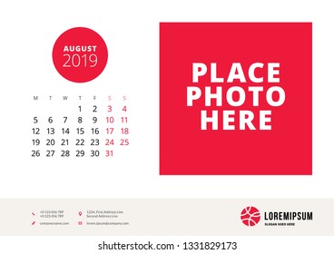 August 2019. Desk calendar design template with place for photo. Week starts on Monday. Vector illustration