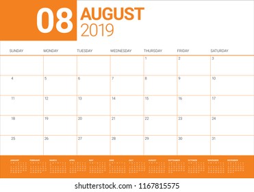 August 2019 desk calendar vector illustration, simple and clean design.