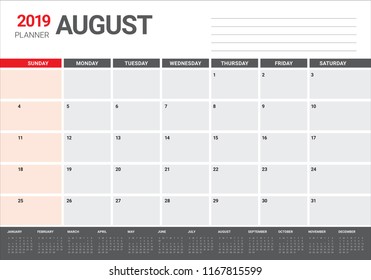 August 2019 desk calendar vector illustration, simple and clean design.