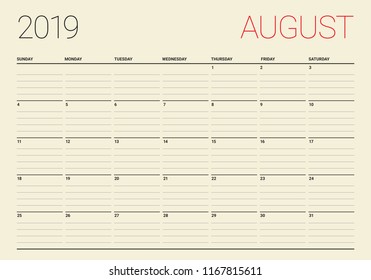 August 2019 desk calendar vector illustration, simple and clean design.