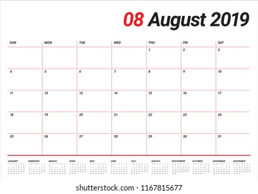 August 2019 desk calendar vector illustration, simple and clean design.