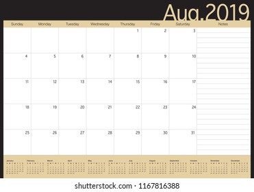 August 2019 desk calendar vector illustration, simple and clean design.