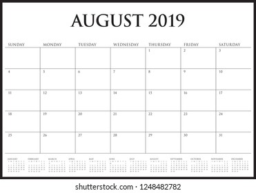 August 2019 desk calendar vector illustration, simple and clean design.