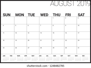 August 2019 desk calendar vector illustration, simple and clean design.