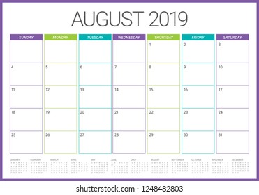 August 2019 desk calendar vector illustration, simple and clean design.