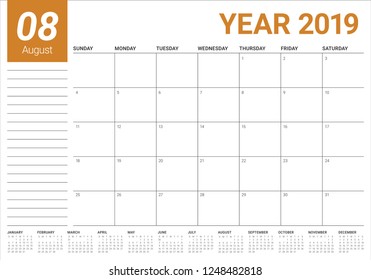 August 2019 desk calendar vector illustration, simple and clean design.