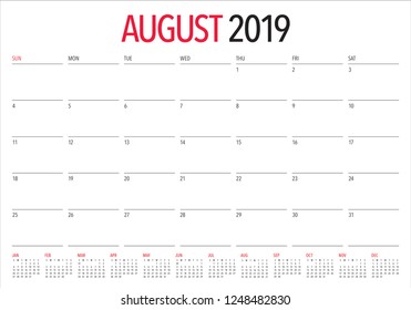 August 2019 desk calendar vector illustration, simple and clean design.