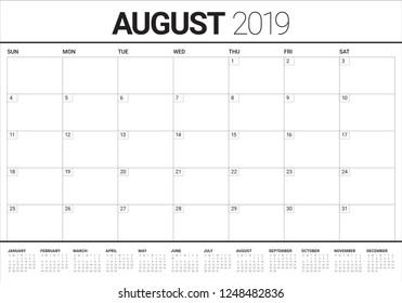 August 2019 desk calendar vector illustration, simple and clean design.