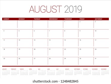 August 2019 desk calendar vector illustration, simple and clean design.