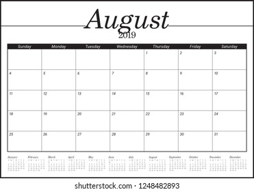 August 2019 desk calendar vector illustration, simple and clean design.