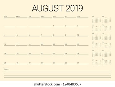August 2019 desk calendar vector illustration, simple and clean design.