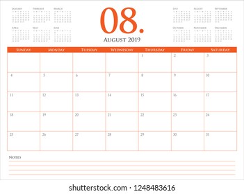 August 2019 desk calendar vector illustration, simple and clean design.