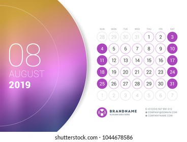 August 2019. Desk calendar for 2019 year. Vector design print template with place for photo. Week starts on Sunday