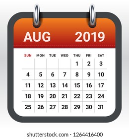 August 2019 monthly calendar vector illustration, simple and clean design. 