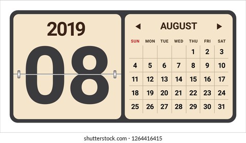 August 2019 monthly calendar vector illustration, simple and clean design. 
