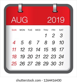 August 2019 monthly calendar vector illustration, simple and clean design. 