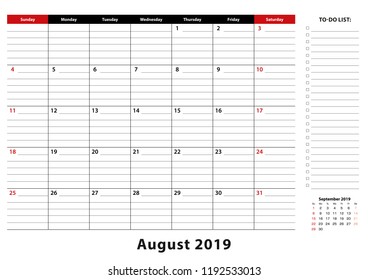 August 2019 Monthly Desk Pad Calendar week starts from sunday, size A3. August 2019 calendar planner with to-do list and place for notes.