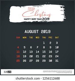 August 2019 New year Calendar Template. Brush Stroke Header Background