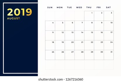 August 2019 schedule template. Week starts on sunday empty calendar month