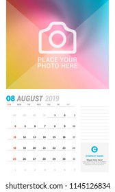 August 2019. Wall calendar planner template. Vector design print template with place for photo. Week starts on Sunday