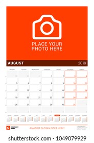 August 2019. Wall calendar for 2019 year. Vector design print template with place for photo and year calendar. Week sarts on Monday