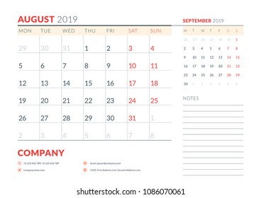 August 2019. Week starts on Monday. Calendar planner stationery design template. Vector illustration