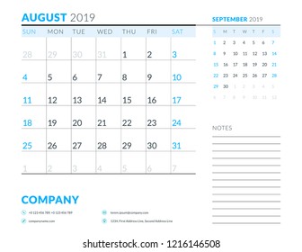 August 2019. Week starts on Sunday. Calendar planner stationery design template. Vector illustration