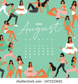 August : 2020 Calendar with group of young women isolated on pastel background : Vector Illustration