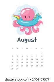 August 2020 calendar page. Vector cartoon illustration with cute pink octopus character with safe unicorn ring. Template for print. Vertical layout. White background.