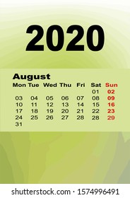 August 2020 calendar. Calendar planner design template. Week starts 
from Saturday.  Business vector illustration. Planner, stationery, printing