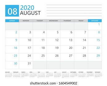 AUGUST 2020 calendar planner set for template corporate design week start on Sunday. desk calendar 2020 design, simple and clean design, 12 months yearly calendar set vector layout