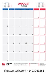 August 2020. Calendar planner stationery design template. Portrait orientation. Week starts on Monday