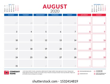 August 2020. Calendar planner stationery design template. Vector illustration. Week starts on Monday