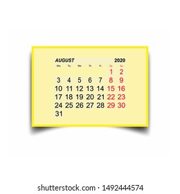 August 2020. A calendar sheet with two days off per week.
