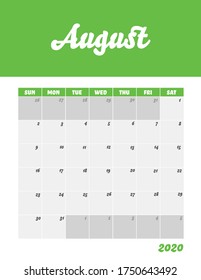 August 2020 Calendar Sheet. Week Start Sunday Modern Design Template.