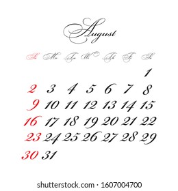 August 2020 Calendar vector with calligraphic font