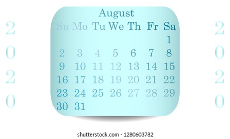 August 2020. Calendar 2020 vector design. Date on the curved stickers 