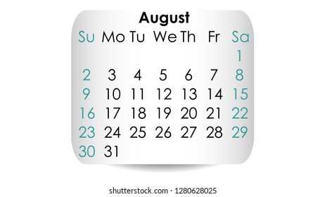 August 2020. Calendar 2020 vector design. Date on the curved stickers 
